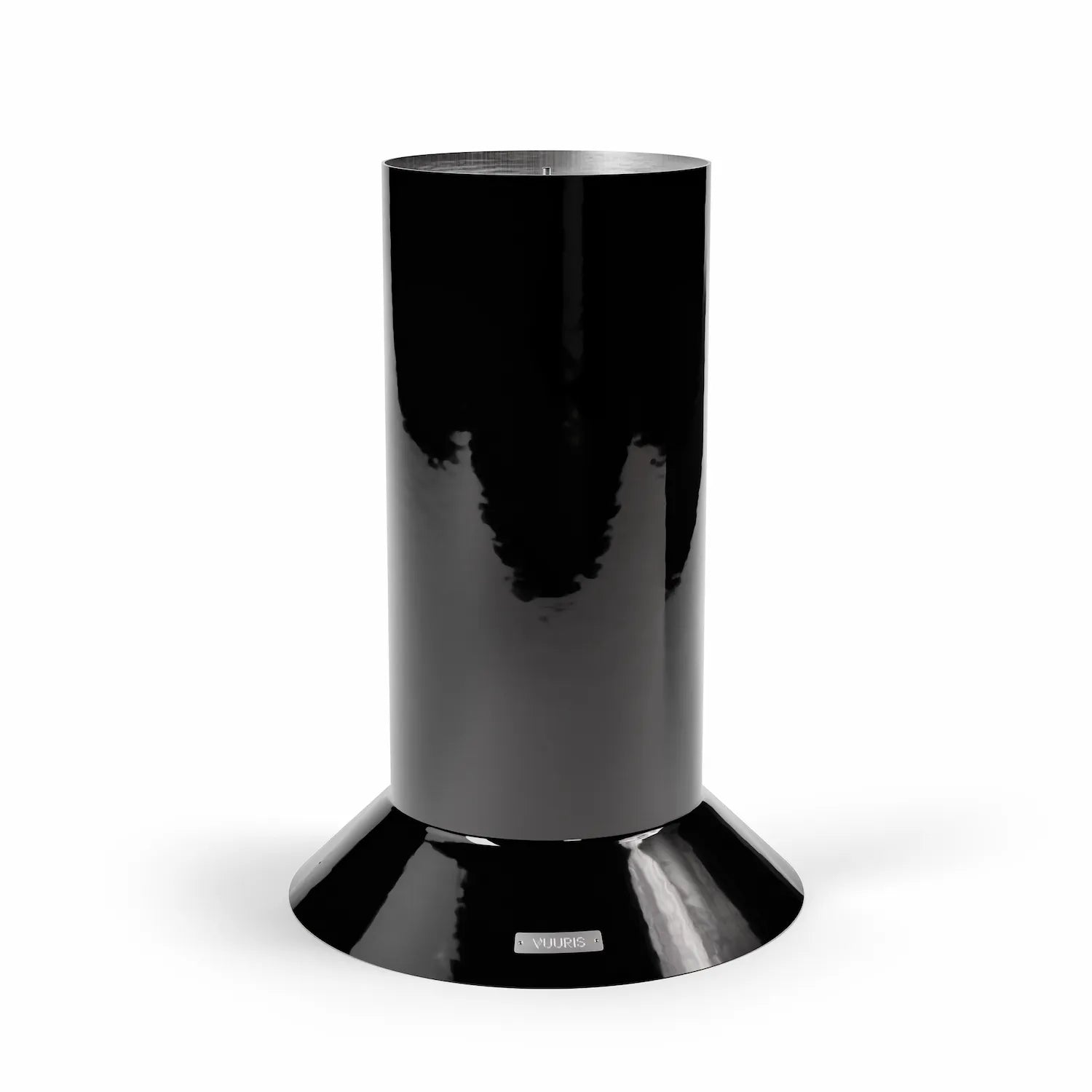 Vuuris large base in Onyx black porcelain enamel, elevating the fire pit to counter height (~36 inches) for standing gatherings, effortless cooking, and pairing with outdoor furniture