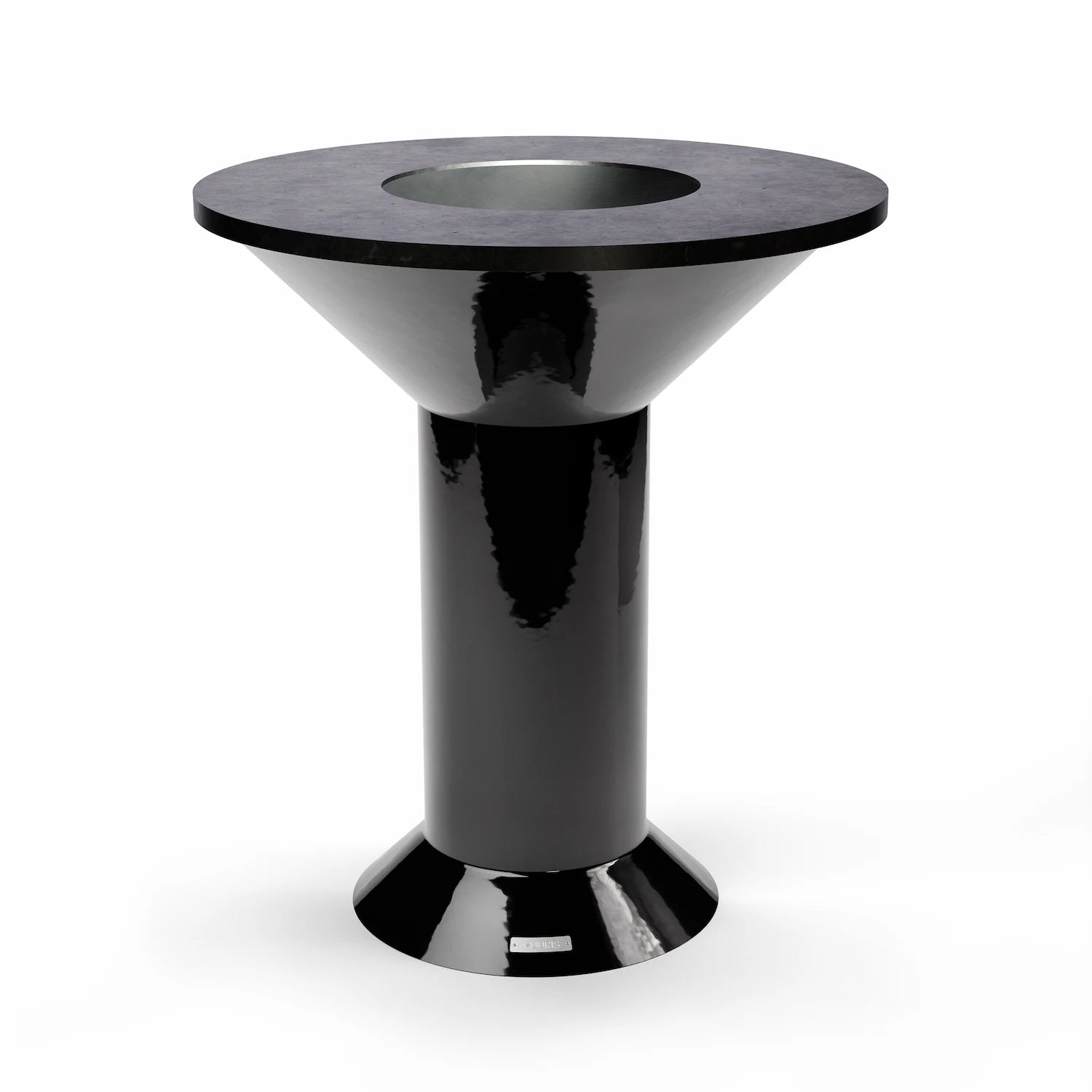 Vuuris Onyx outdoor fire pit centerpiece in deep black porcelain enamel, mounted on the large base at counter height with the 8mm carbon steel cooking plate