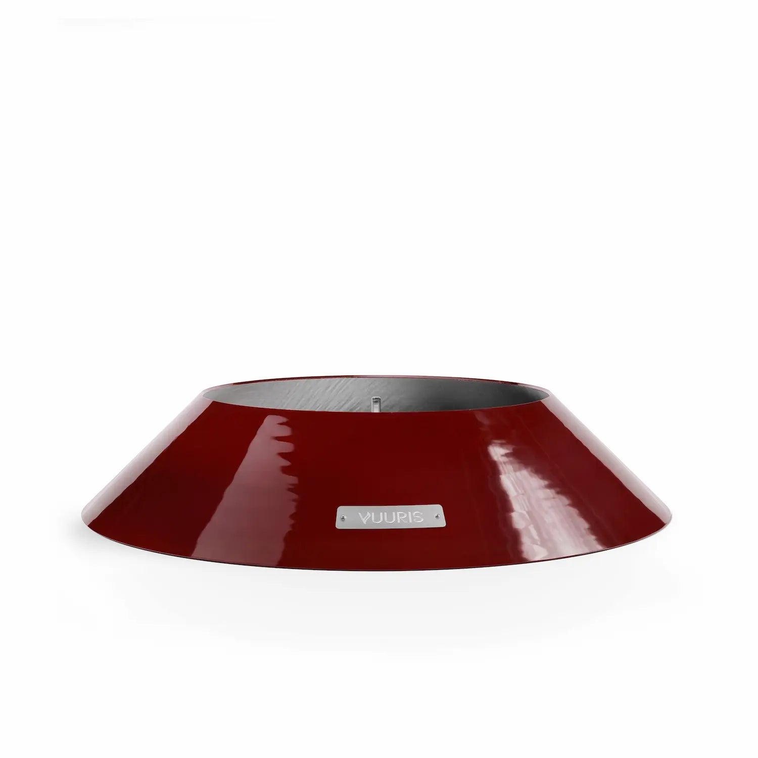 Vuuris small base in Garnet bordeaux porcelain enamel, designed to bring the fire pit to lounge height (~15 inches) for intimate low seating gatherings