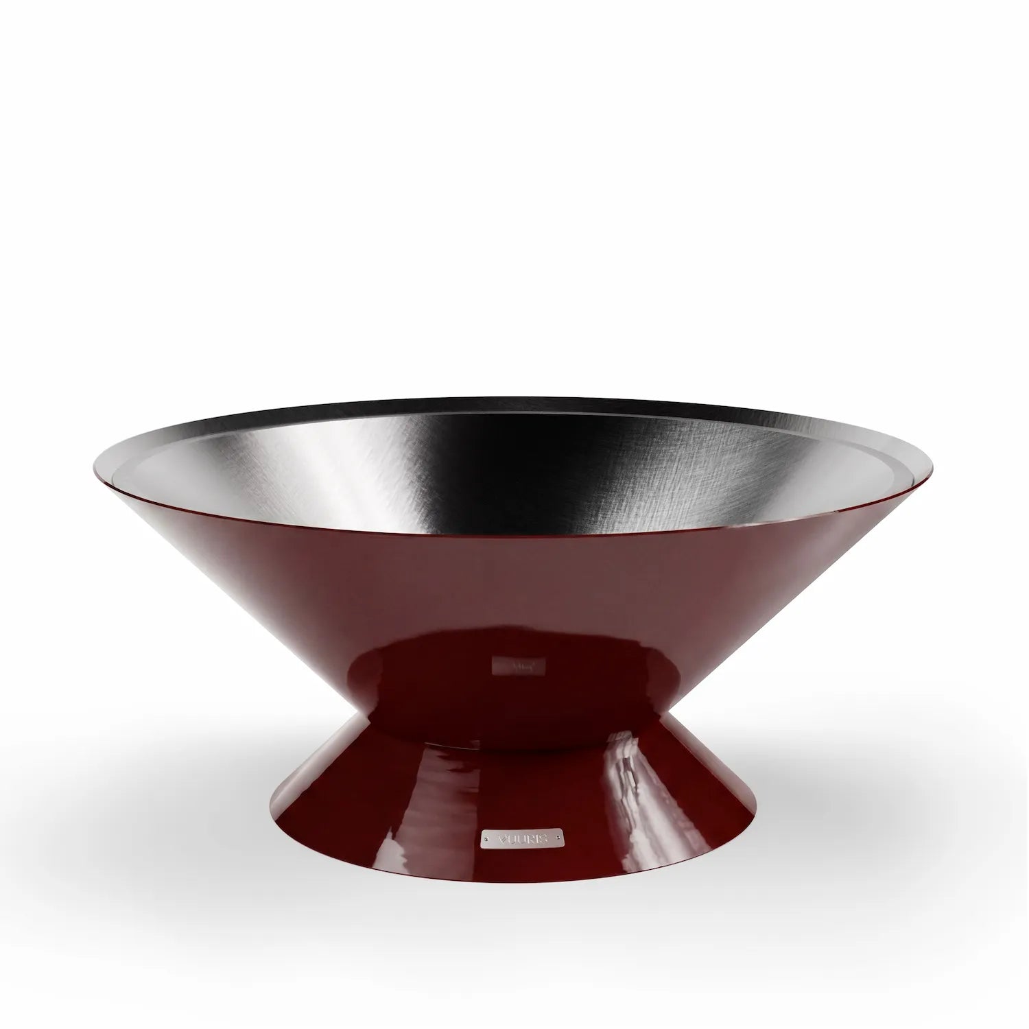Vuuris Garnet outdoor fire pit in bordeaux porcelain enamel on the small base (~15 inches, lounge height), open-fire configuration without cooking plate