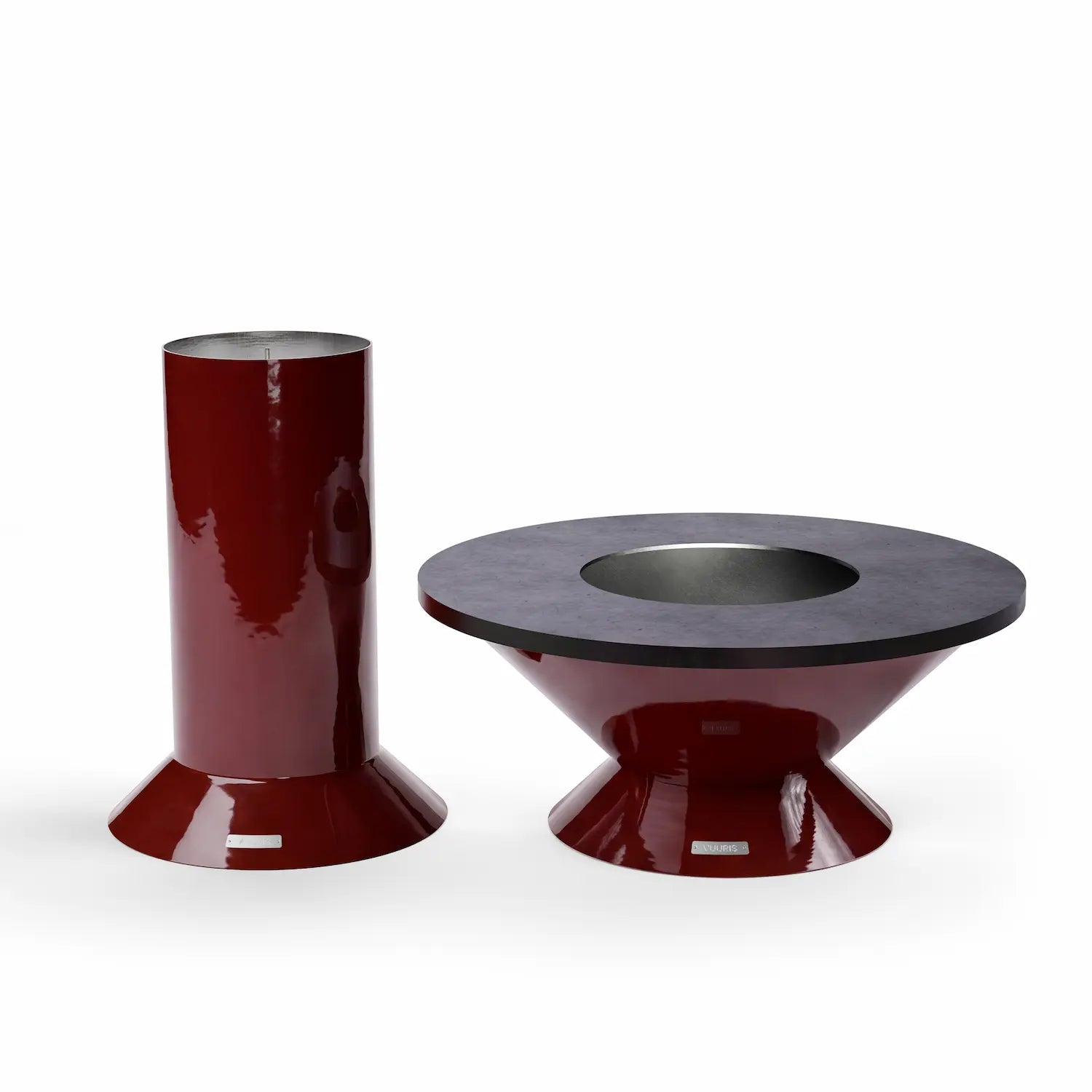 Vuuris Garnet fire pit with small base and carbon steel cooking plate, shown alongside the large base, illustrating both modular height options in bordeaux porcelain enamel