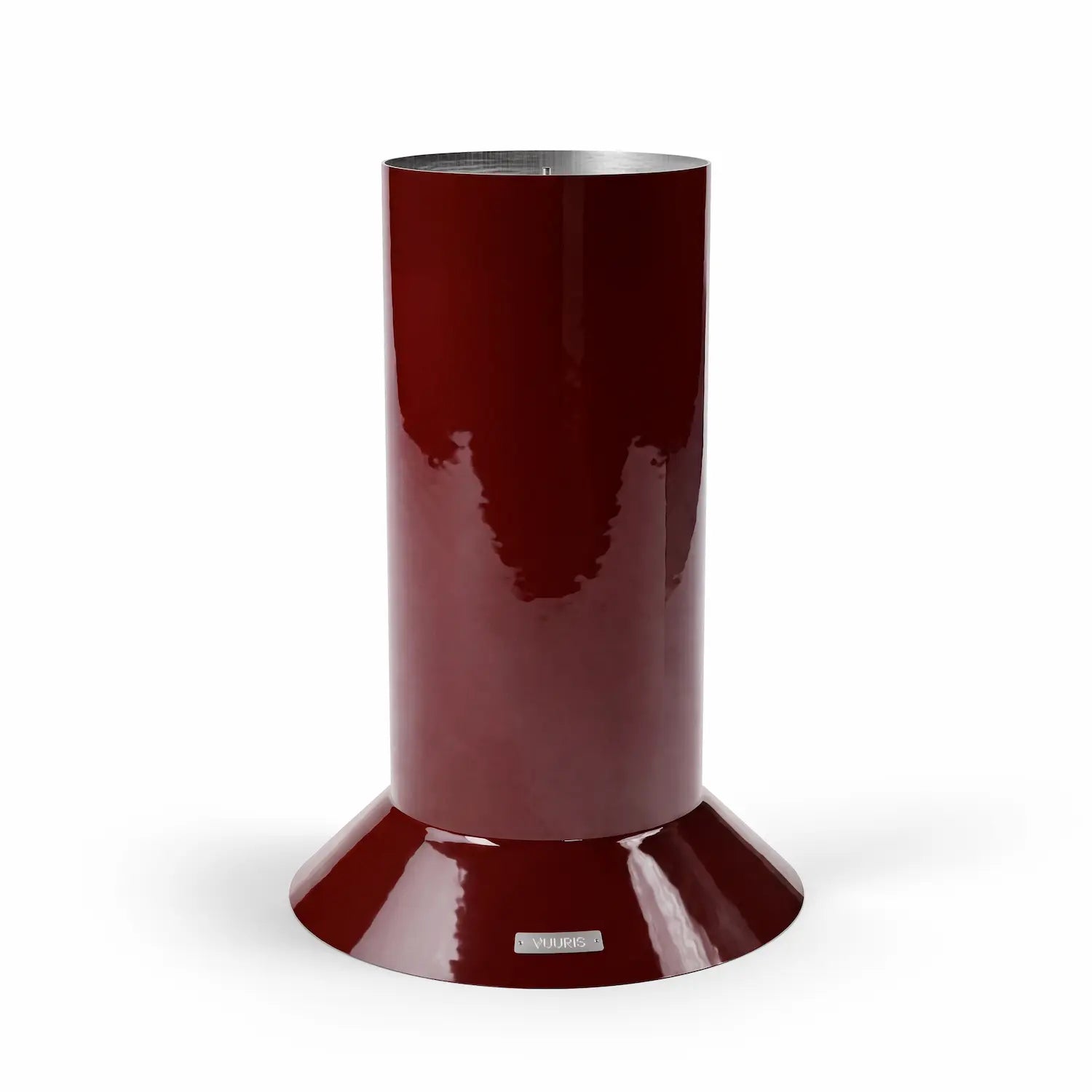 Vuuris large base in Garnet bordeaux porcelain enamel, elevating the fire pit to counter height (~36 inches) for standing gatherings, effortless cooking, and pairing with outdoor furniture