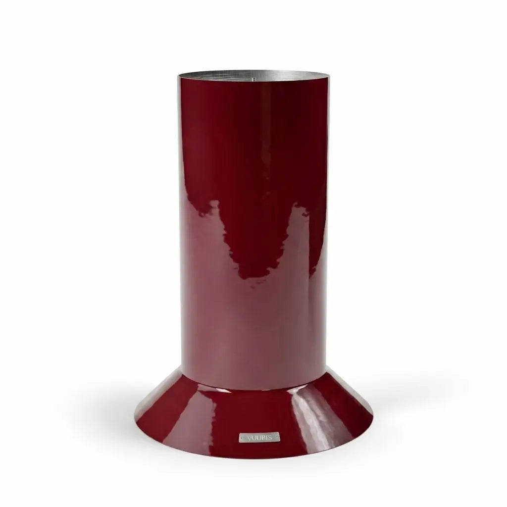 Vuuris large base in Garnet bordeaux porcelain enamel, elevating the fire pit to counter height (~36 inches) for standing gatherings, effortless cooking, and pairing with outdoor furniture