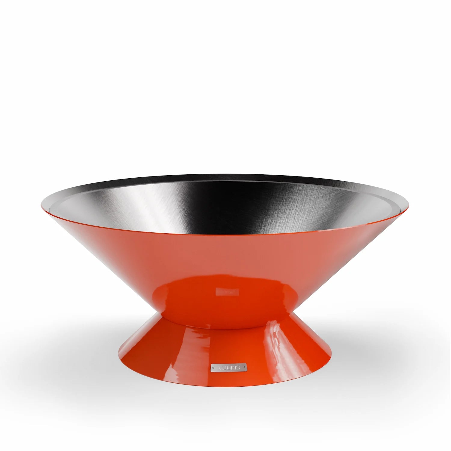 Vuuris Tiger outdoor fire pit in vibrant orange porcelain enamel on the small base (~15 inches, lounge height), open-fire configuration without cooking plate