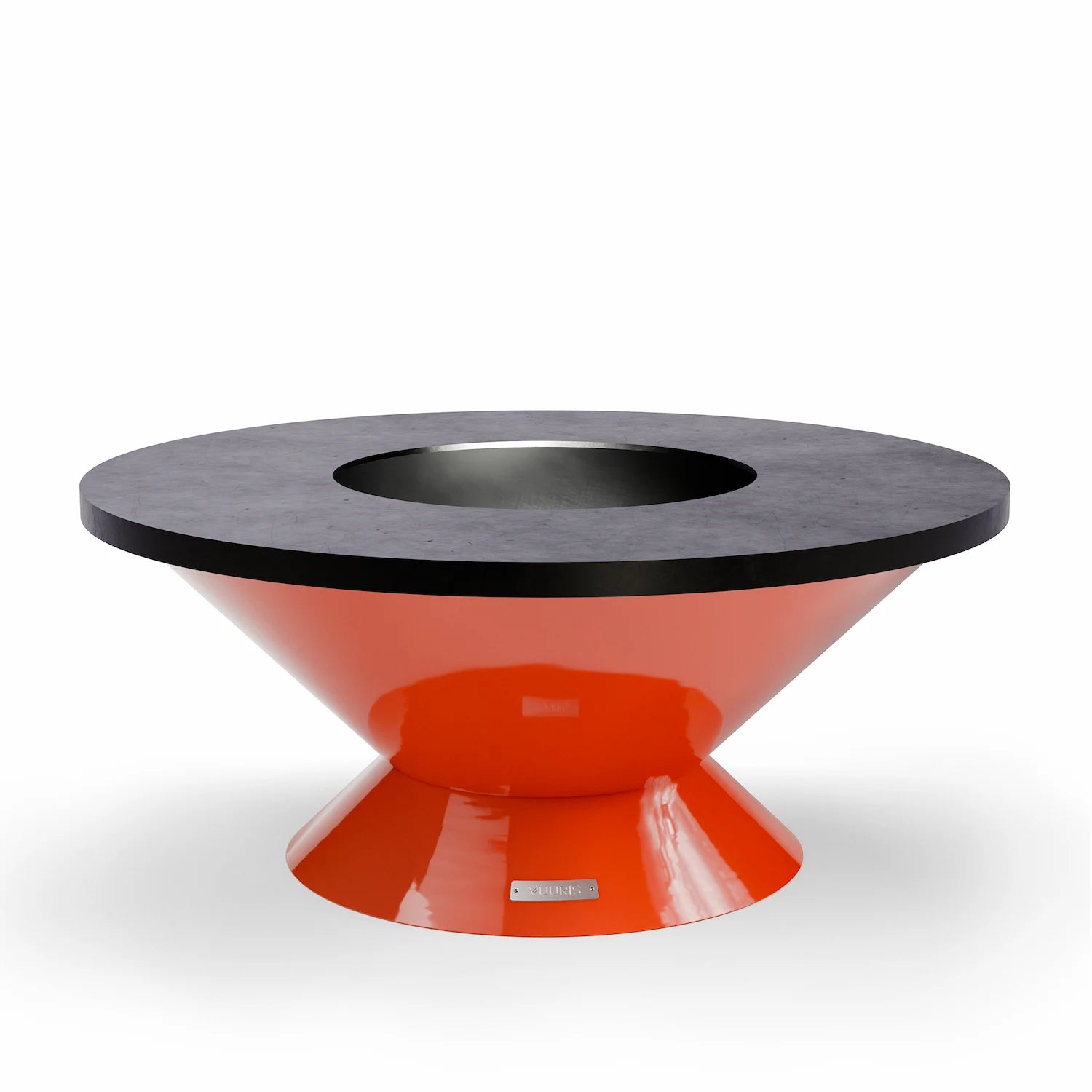 Vuuris Tiger outdoor fire pit in vibrant orange porcelain enamel on the small base (~15 inches, lounge height) with the 8mm carbon steel cooking plate