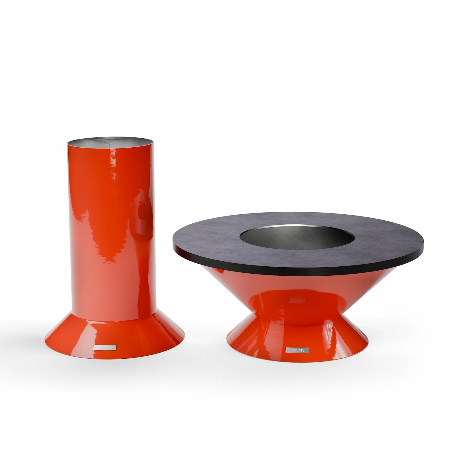 Vuuris Tiger fire pit with small base and carbon steel cooking plate, shown alongside the large base, illustrating both modular height options in vibrant orange porcelain enamel