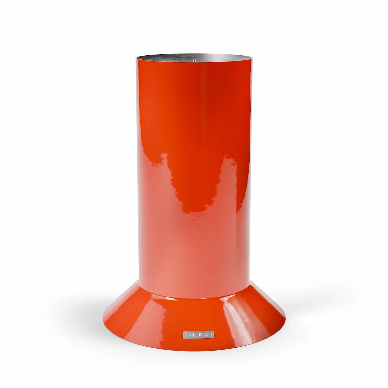 Vuuris large base in Tiger orange porcelain enamel, elevating the fire pit to counter height (~36 inches) for standing gatherings, effortless cooking, and pairing with outdoor furniture