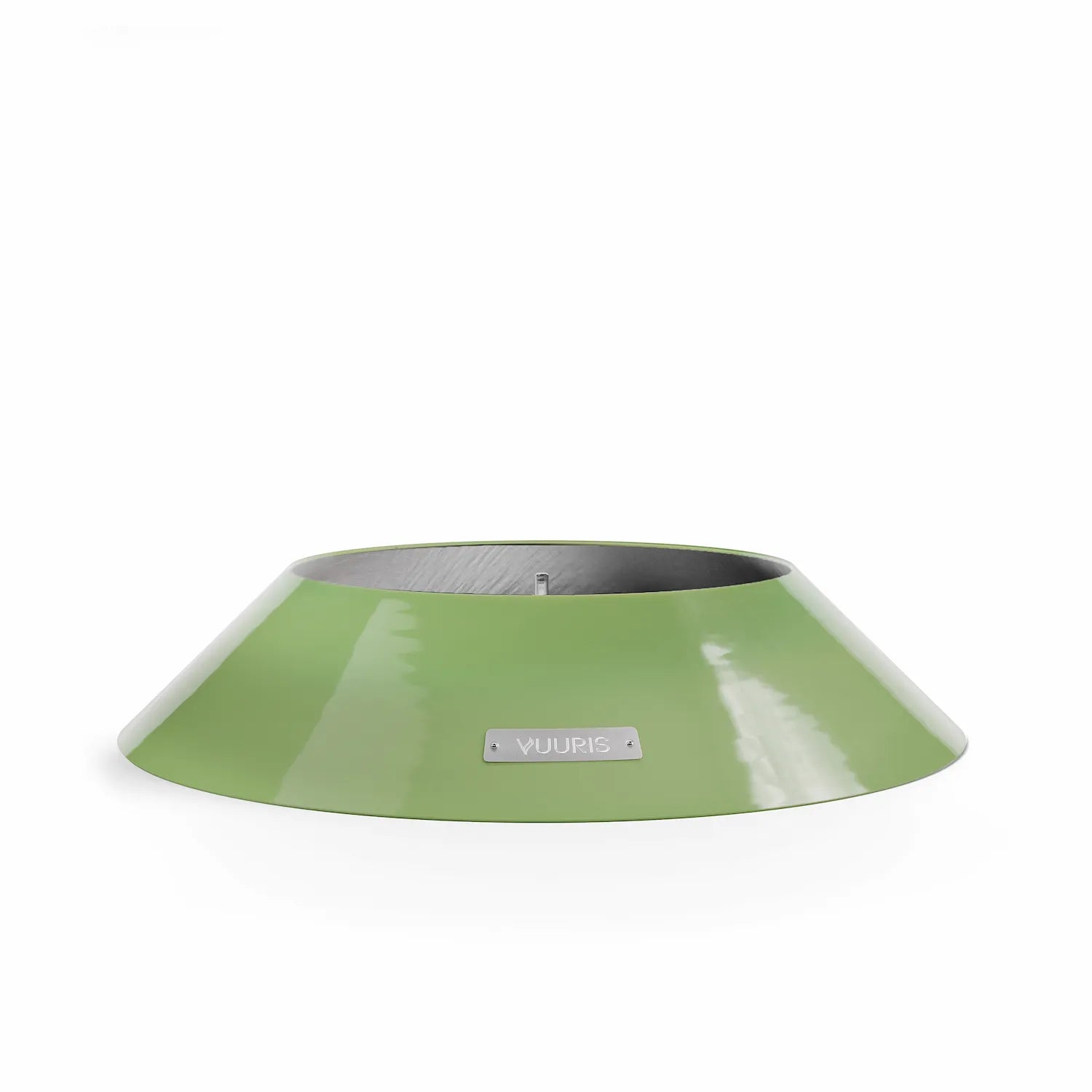 Vuuris small base in Sage green porcelain enamel, designed to bring the fire pit to lounge height (~15 inches) for intimate low seating gatherings