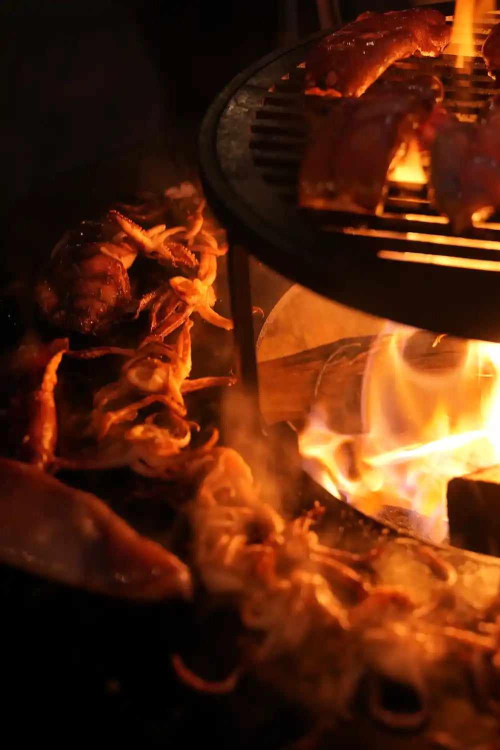A close up of the Vuuris cooking plate and grill while a burning fire is roasting some squid