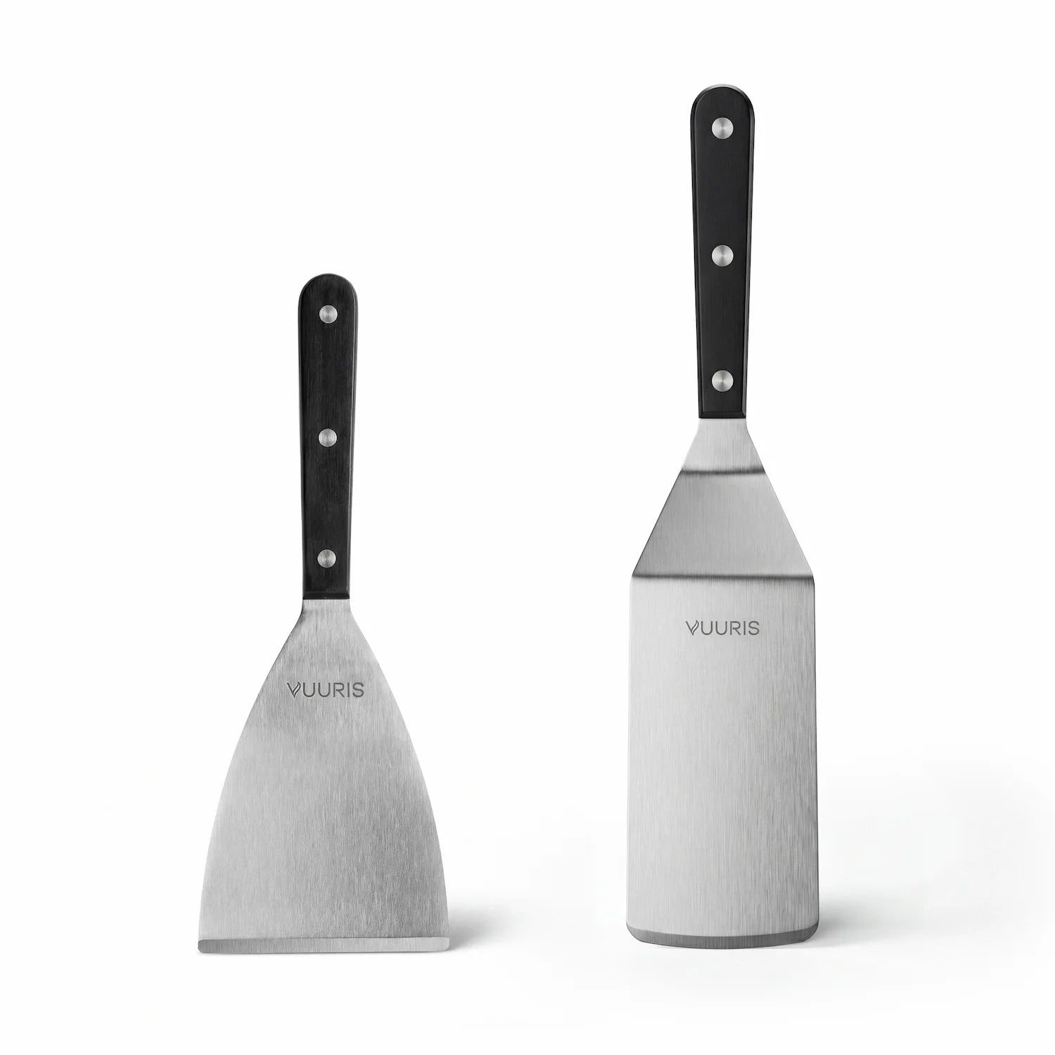 Vuuris two-piece spatula set — straight scraper and long-blade burger turner — with engraved stainless steel blades and thermoplastic handles, shown on a white studio background