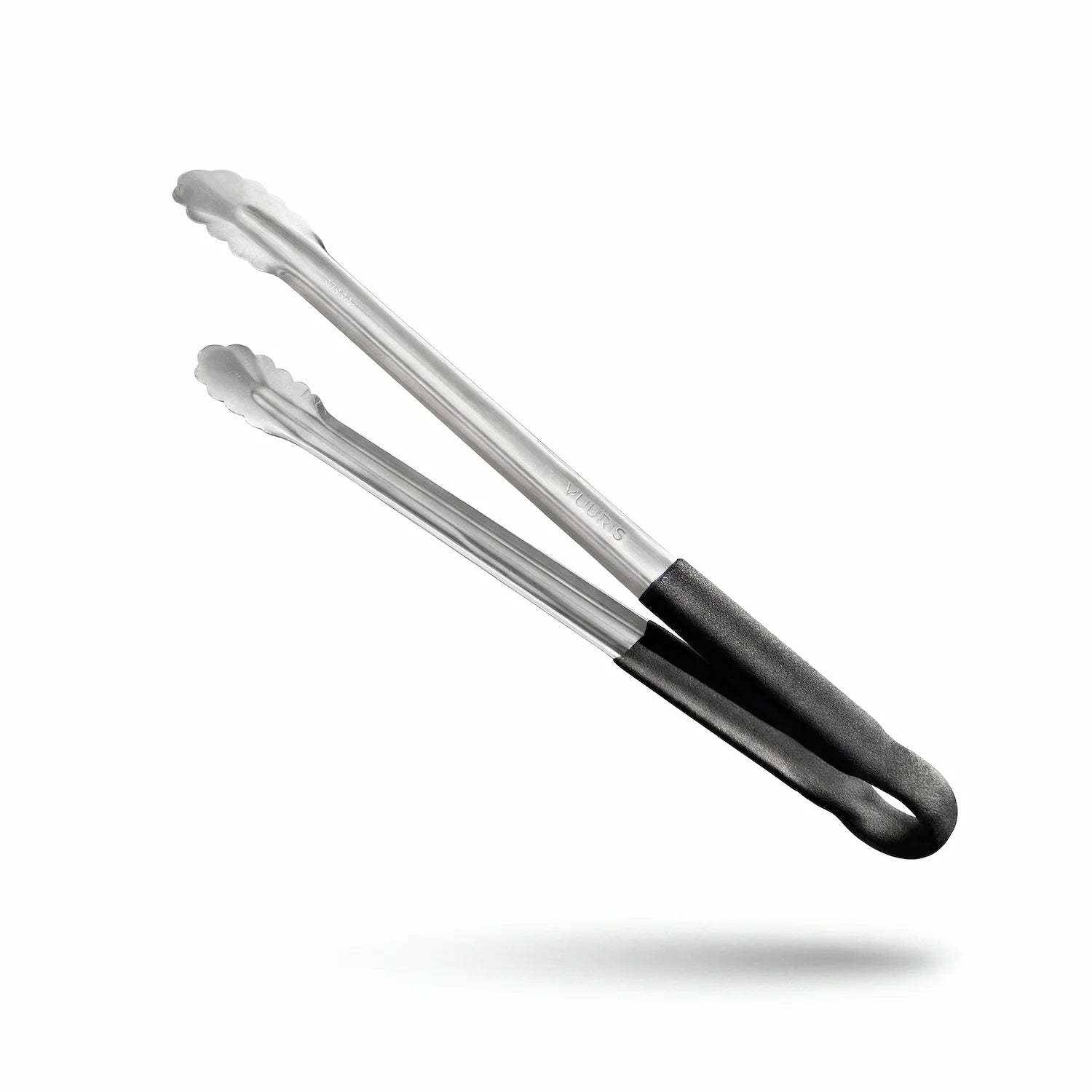 Vuuris 16-inch stainless steel tongs with matte black thermoplastic handle and laser-engraved Vuuris logo, shown on a white studio background