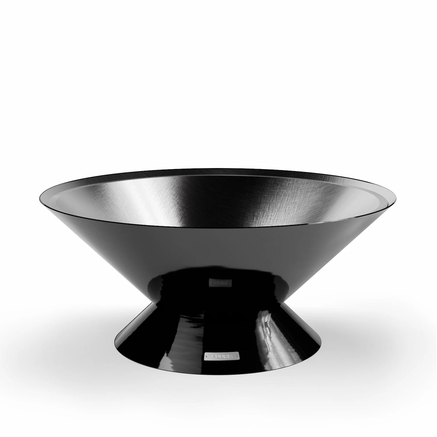 Vuuris Onyx outdoor fire pit in deep black porcelain enamel on the small base (~15 inches, lounge height), open-fire configuration without cooking plate