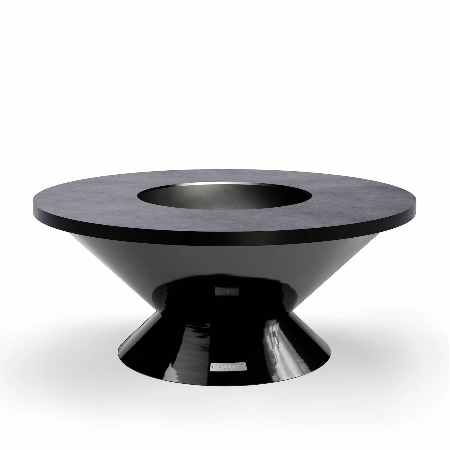 Vuuris Onyx outdoor fire pit in deep black porcelain enamel on the small base (~15 inches, lounge height) with the 8mm carbon steel cooking plate