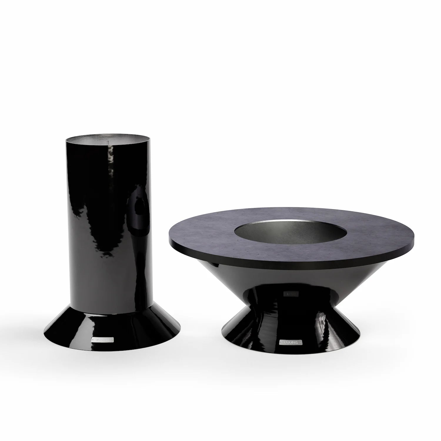 Vuuris Onyx fire pit with small base and carbon steel cooking plate, shown alongside the large base, illustrating both modular height options in deep black porcelain enamel