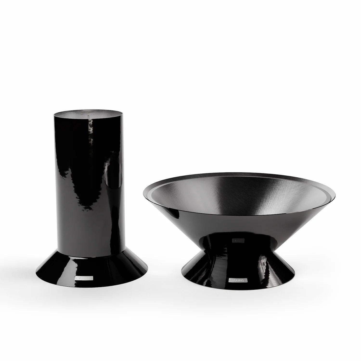 Vuuris Onyx outdoor fire pit on the large base (~36 inches), shown alongside the small base, illustrating the modular system in deep black porcelain enamel