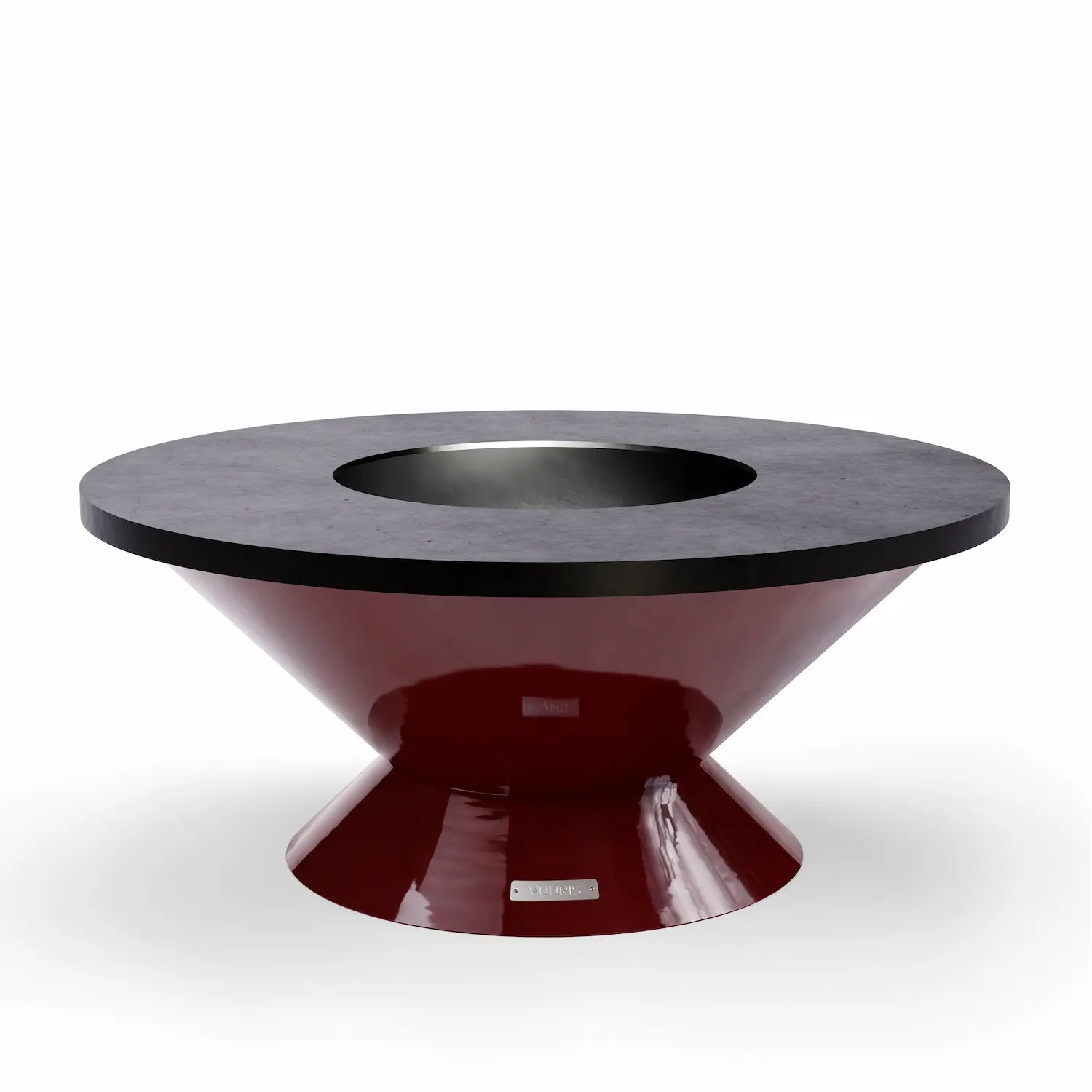 Vuuris Garnet outdoor fire pit in bordeaux porcelain enamel on the small base (~15 inches, lounge height) with the 8mm carbon steel cooking plate