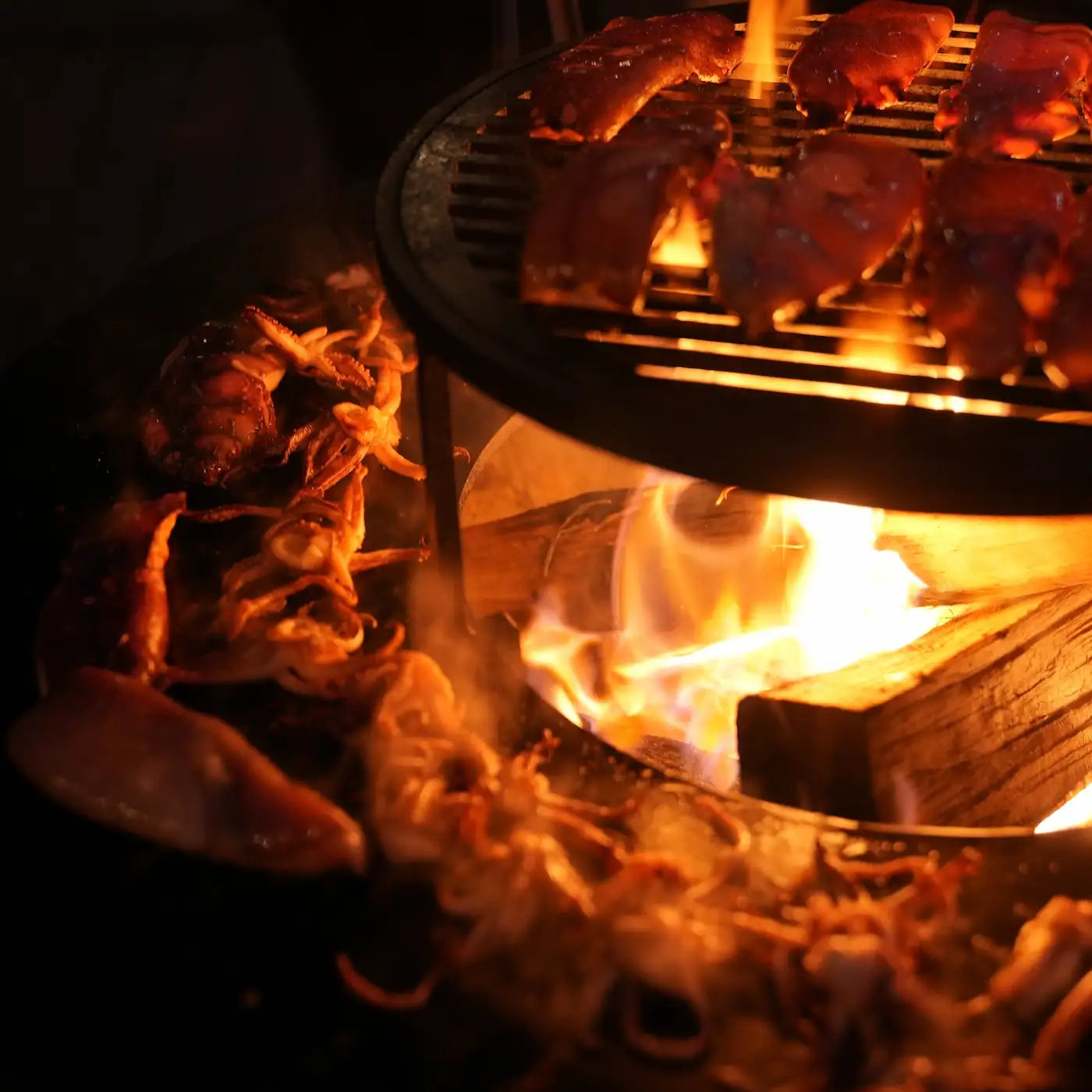 A close up of the Vuuris cooking plate and grill while a burning fire is roasting some squid
