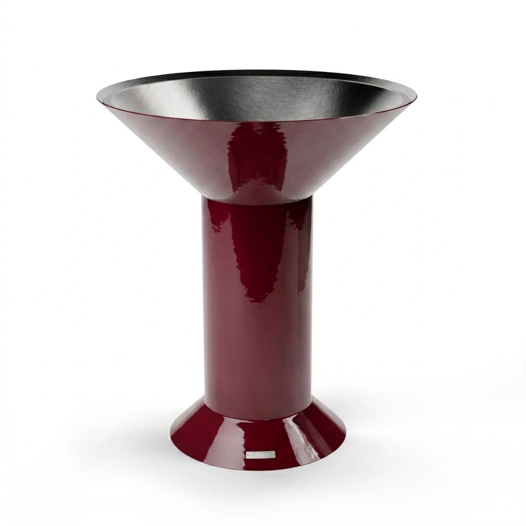 Vuuris Garnet outdoor fire pit in bordeaux porcelain enamel on the large base (~36 inches, counter height), open-fire configuration without cooking plate