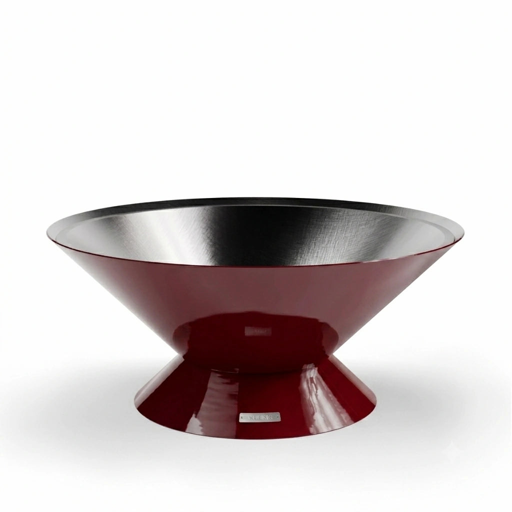 Vuuris Garnet outdoor fire pit in bordeaux porcelain enamel on the small base (~15 inches, lounge height), open-fire configuration without cooking plate