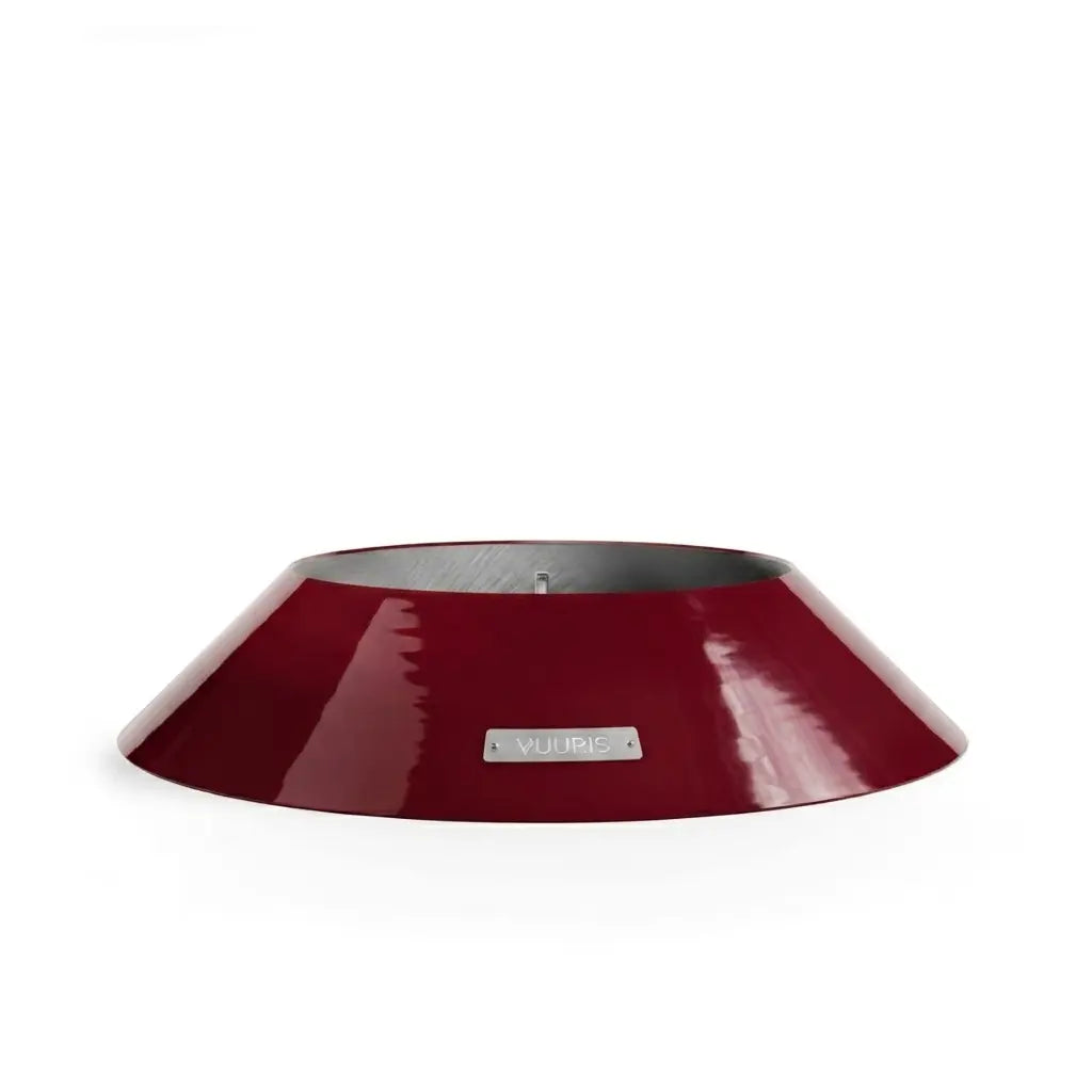Vuuris small base in Garnet bordeaux porcelain enamel, designed to bring the fire pit to lounge height (~15 inches) for intimate low seating gatherings