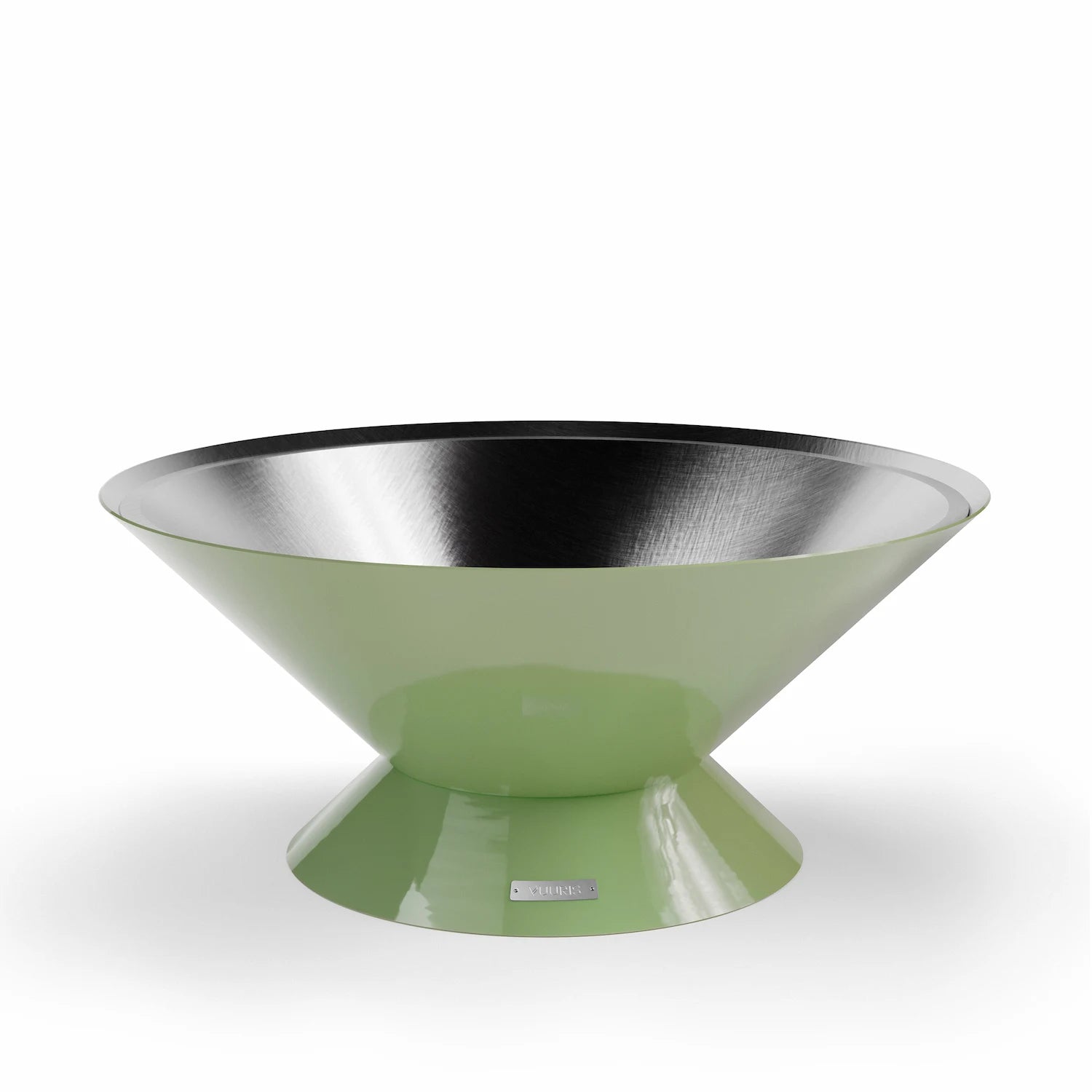 Vuuris Sage outdoor fire pit in earthy green porcelain enamel on the small base (~15 inches, lounge height), open-fire configuration without cooking plate