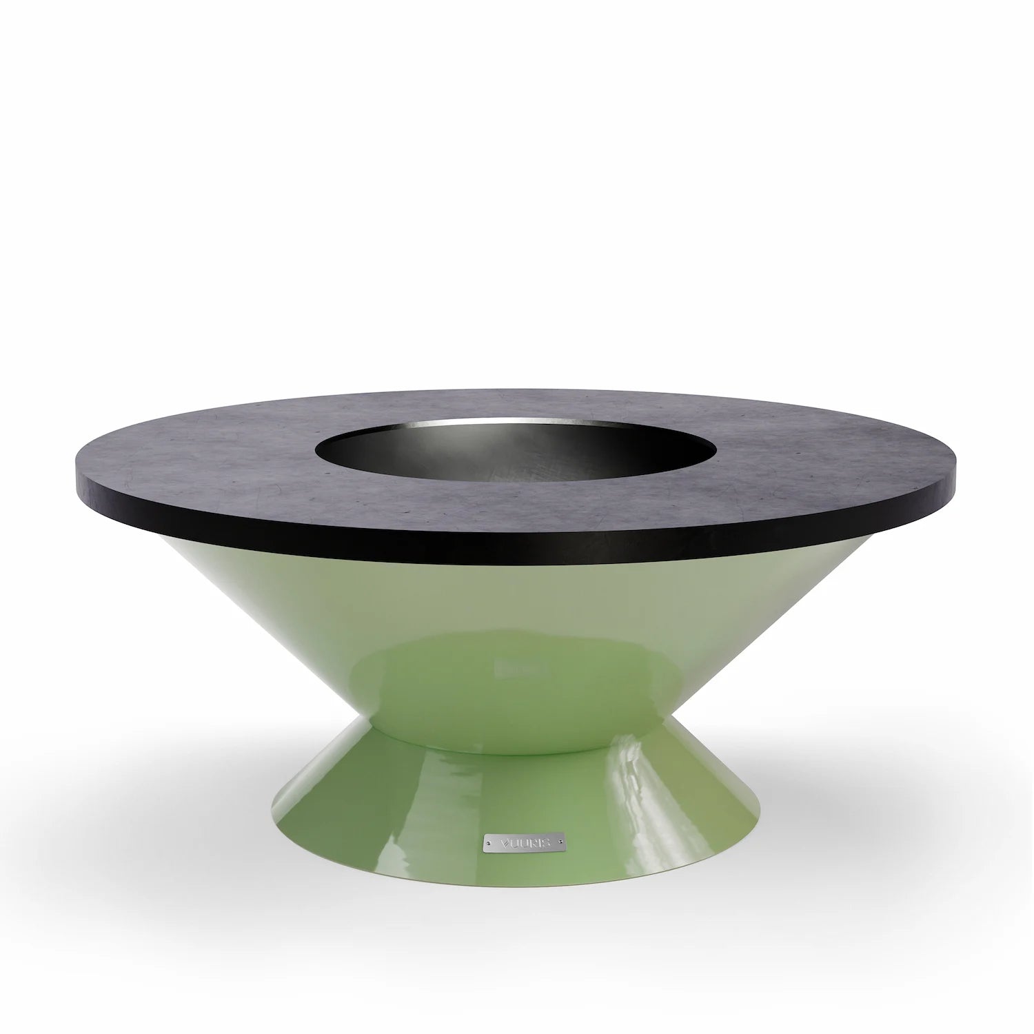 Vuuris Sage outdoor fire pit in earthy green porcelain enamel on the small base (~15 inches, lounge height) with the 8mm carbon steel cooking plate