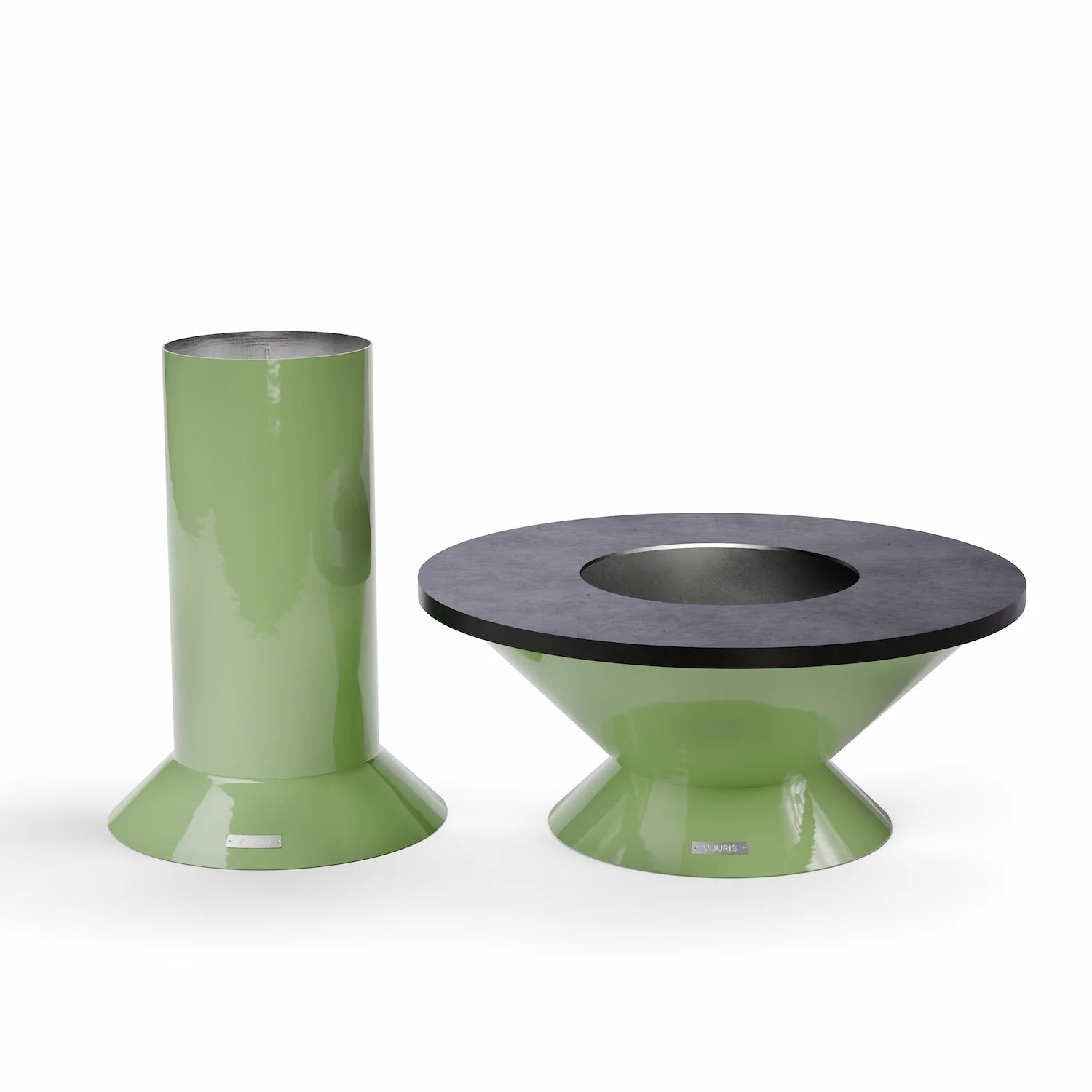 Vuuris Sage fire pit with small base and carbon steel cooking plate, shown alongside the large base, illustrating both modular height options in earthy green porcelain enamel