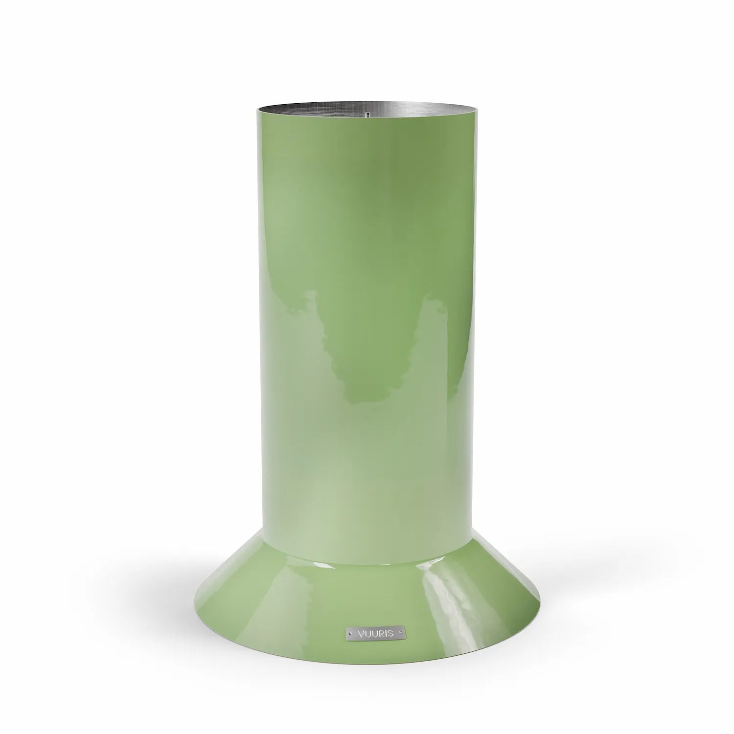 Vuuris large base in Sage green porcelain enamel, elevating the fire pit to counter height (~36 inches) for standing gatherings, effortless cooking, and pairing with outdoor furniture