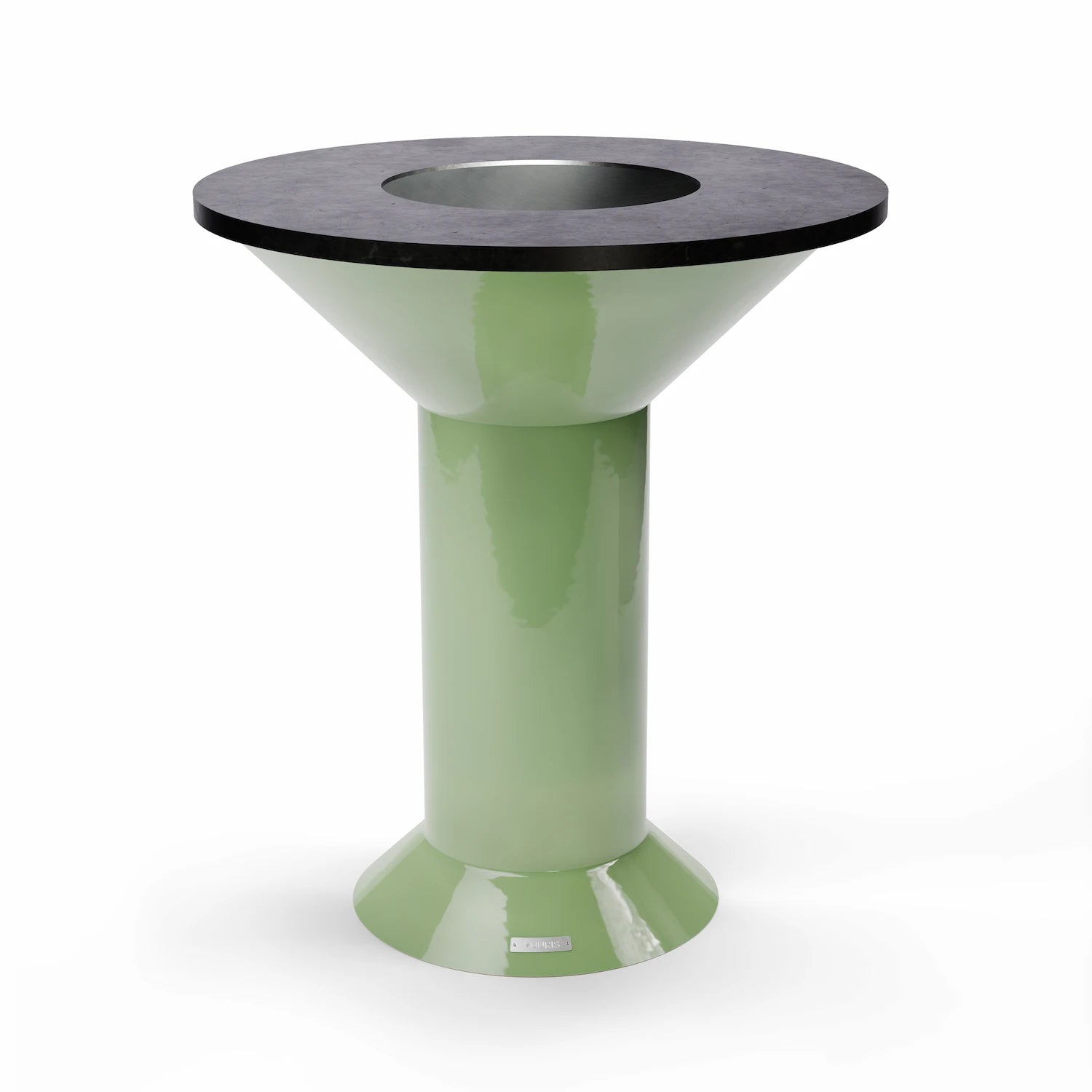 Vuuris Sage outdoor fire pit centerpiece in earthy green porcelain enamel, mounted on the large base at counter height with the 8mm carbon steel cooking plate