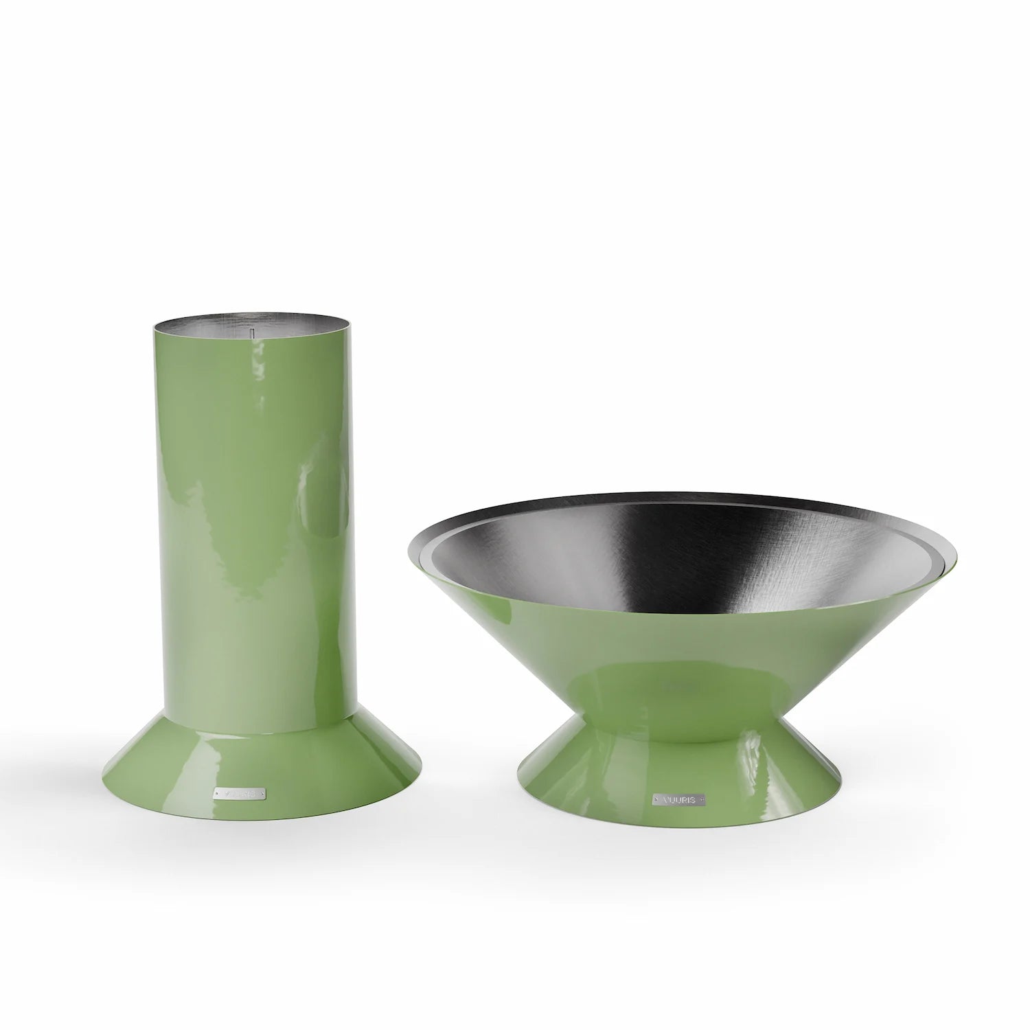 Vuuris Sage outdoor fire pit on the large base (~36 inches), shown alongside the small base, illustrating the modular system in earthy green porcelain enamel
