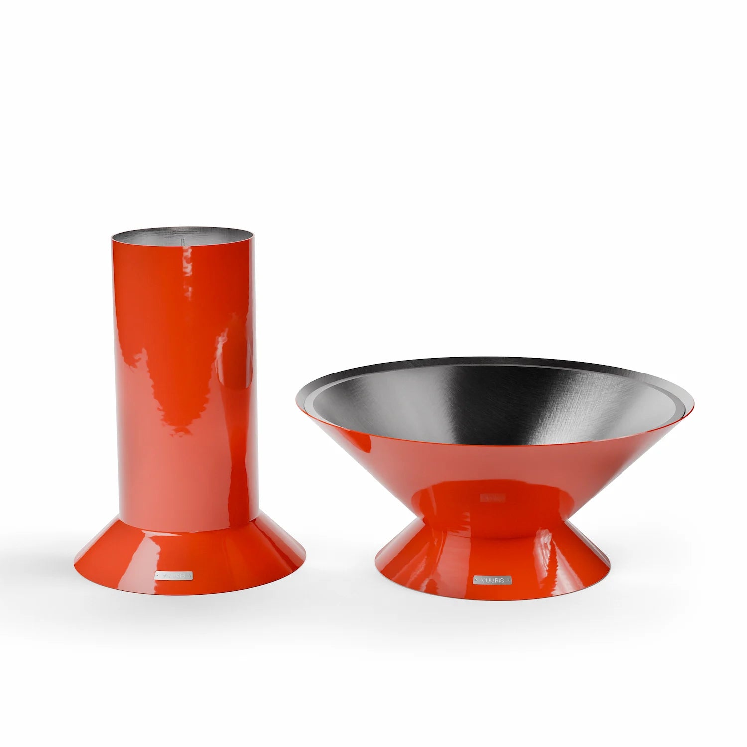 Vuuris Tiger outdoor fire pit on the large base (~36 inches), shown alongside the small base, illustrating the modular system in vibrant orange porcelain enamel