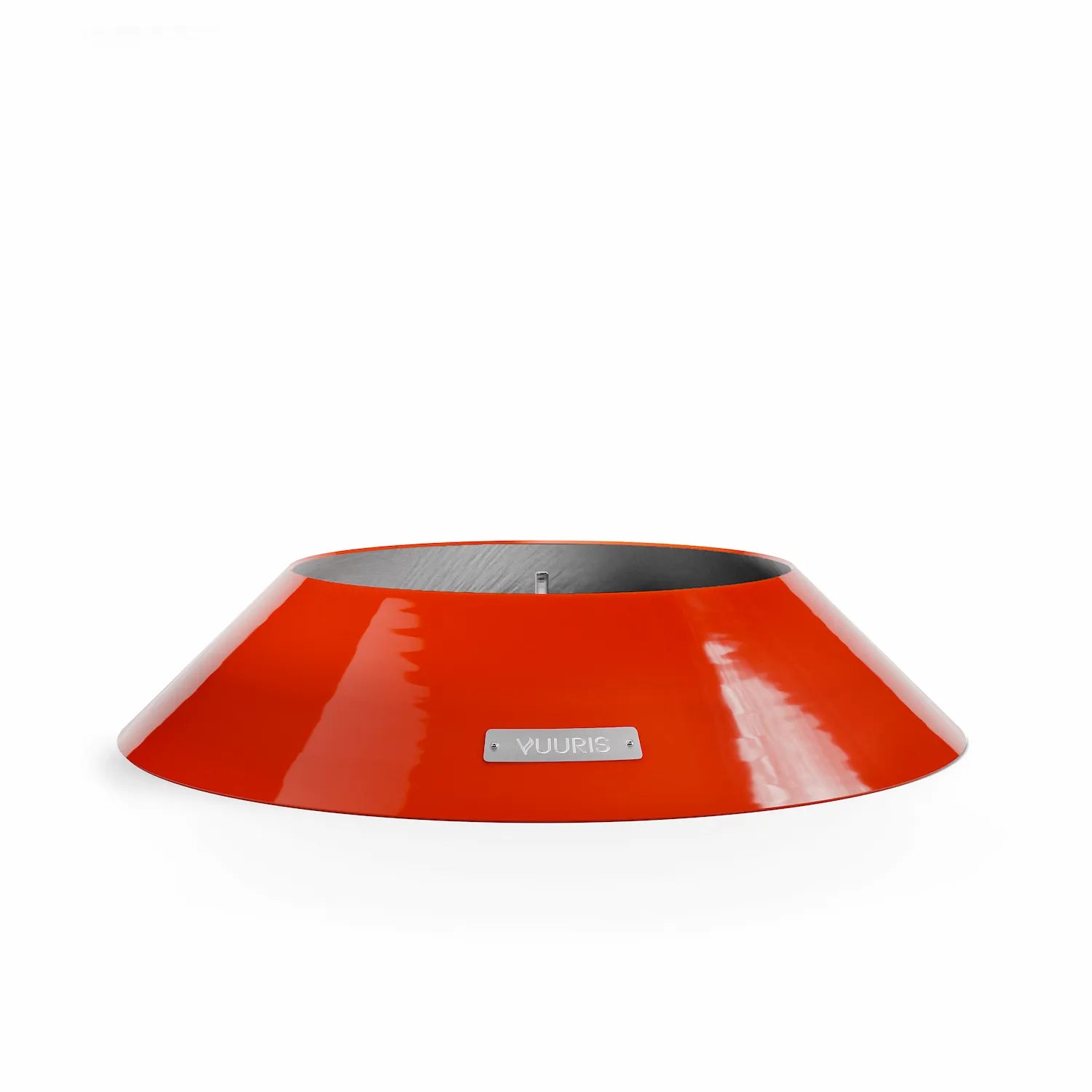 Vuuris small base in Tiger orange porcelain enamel, designed to bring the fire pit to lounge height (~15 inches) for intimate low seating gatherings