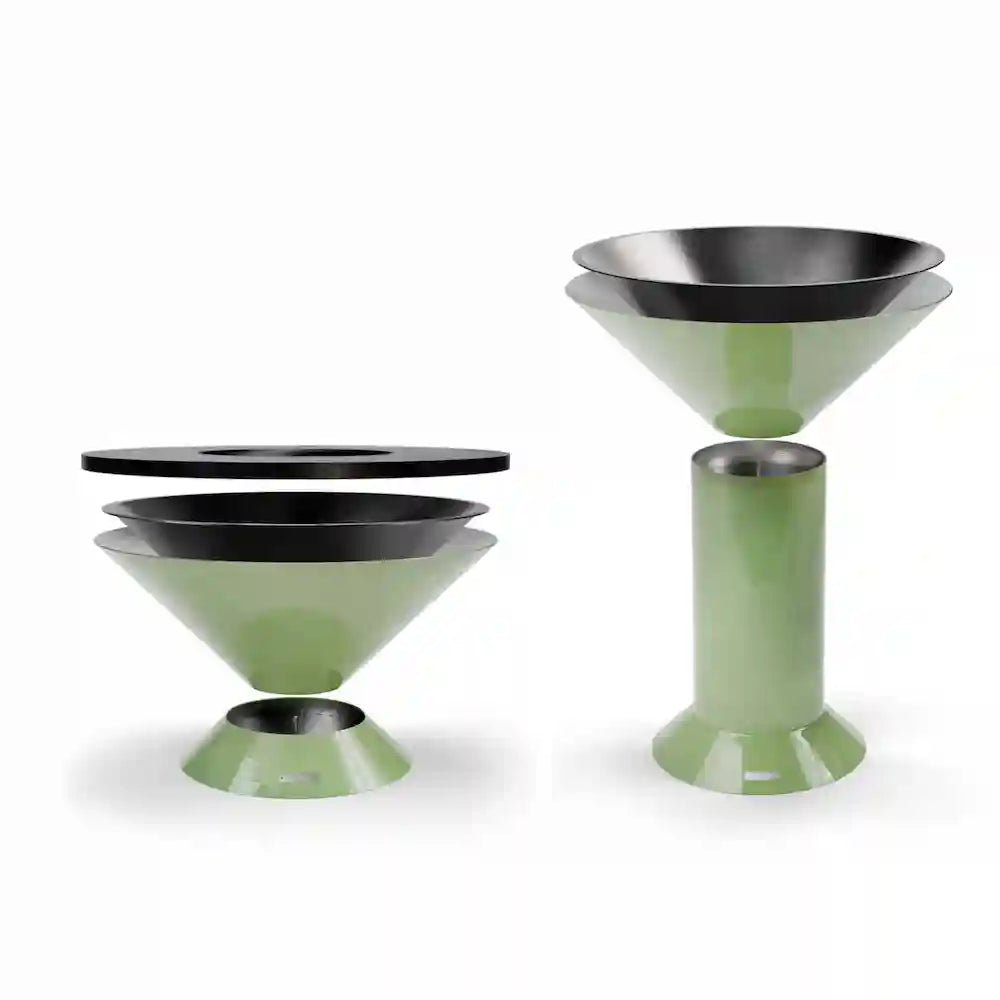 two Vuuris Sage setups in an exploded view. one on small base and one on large base to illustrate the modularity
