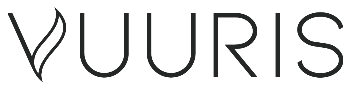 the Vuuris logo in black letters. the vuuris logo is Vuuri written in a san serif with the V changed in a little flame