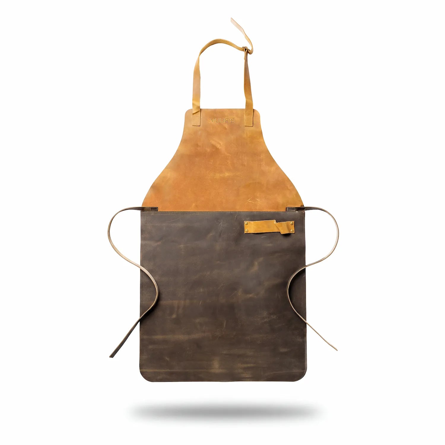 Vuuris apron in high quality light and dark brown leather against a white studio background. 