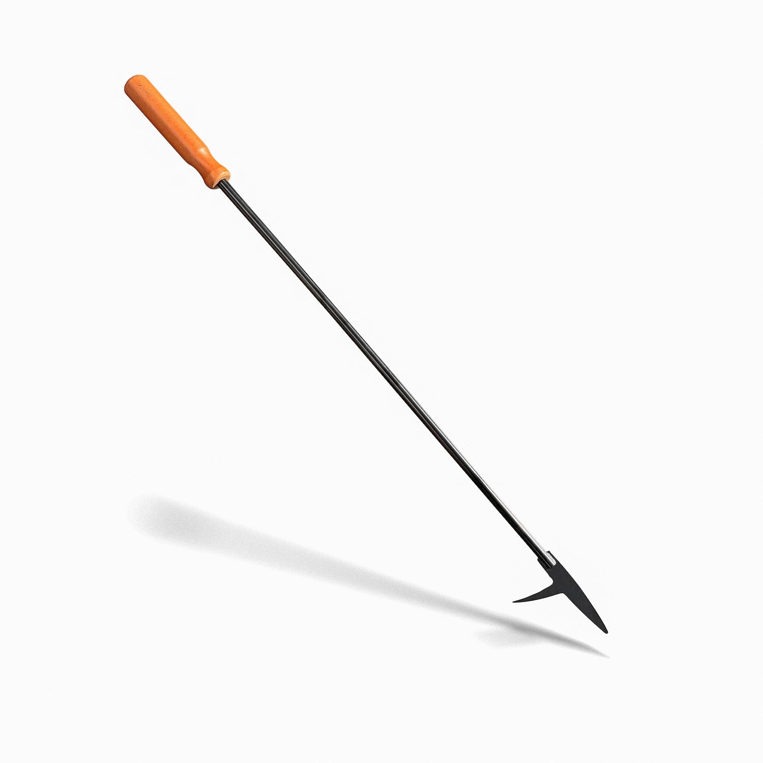 Vuuris blow poke with long-reach engraved wooden handle and black-coated steel construction, shown in a white background