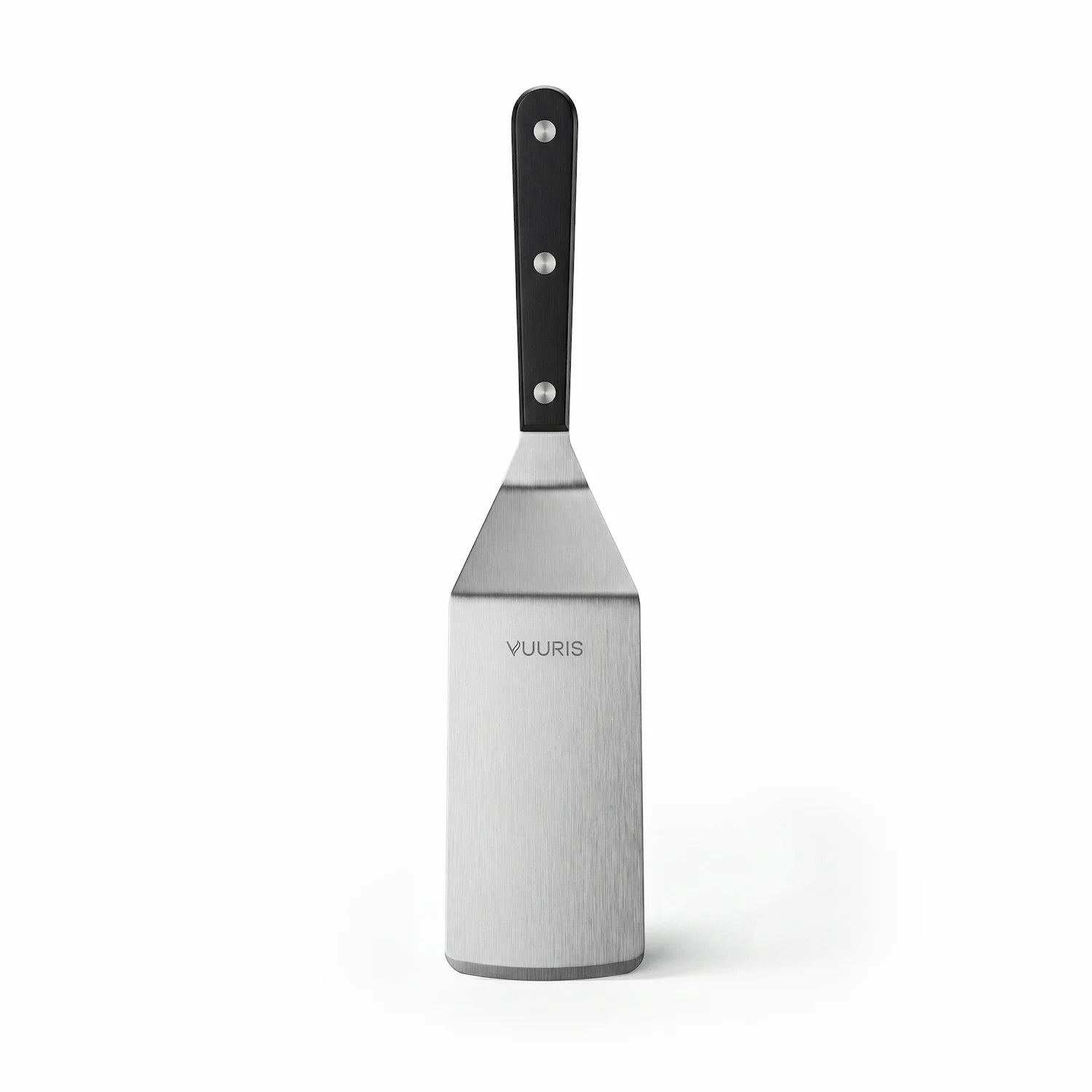 Vuuris long-blade burger turner with raised edge for high-performance flipping on the Vuuris carbon steel cooking plate, shown with thermoplastic handle shown on a white studio background